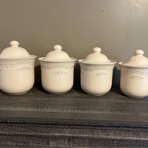 Vintage Pfaltzgraff stoneware canisters in the "Remembrance" pattern